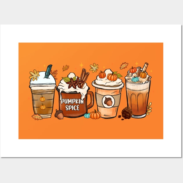 Pumpkin Spice Latte Fall Iced Coffee Cups Wall Art by JDVNart